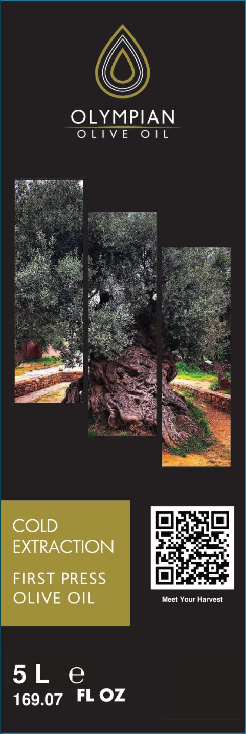 The front of the Olympian 5-liter tin: the Olympian mark, an old olive tree, and the QR code beside the words Meet Your Harvest.